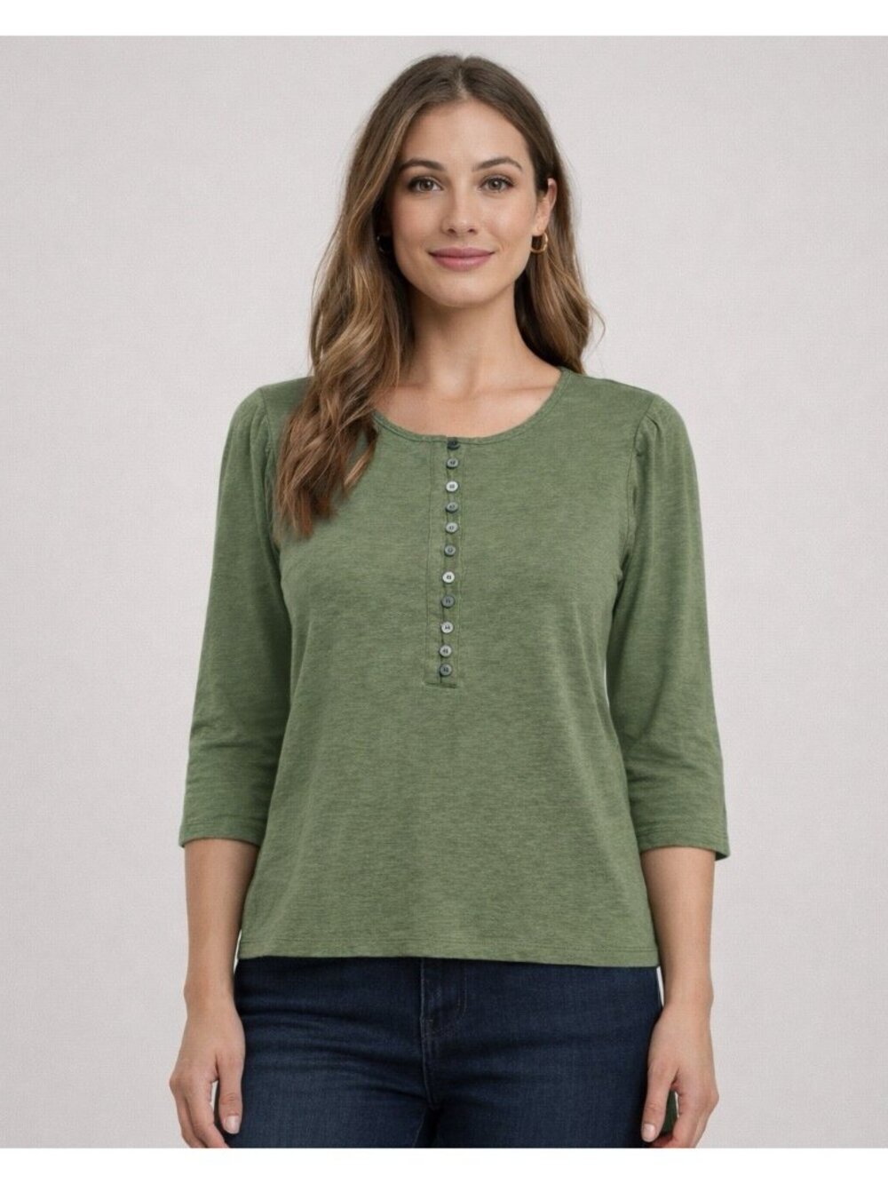 Wrap London Top Womens Small Green Linen Blend 3/4 Sleeve Crew‎ Neck